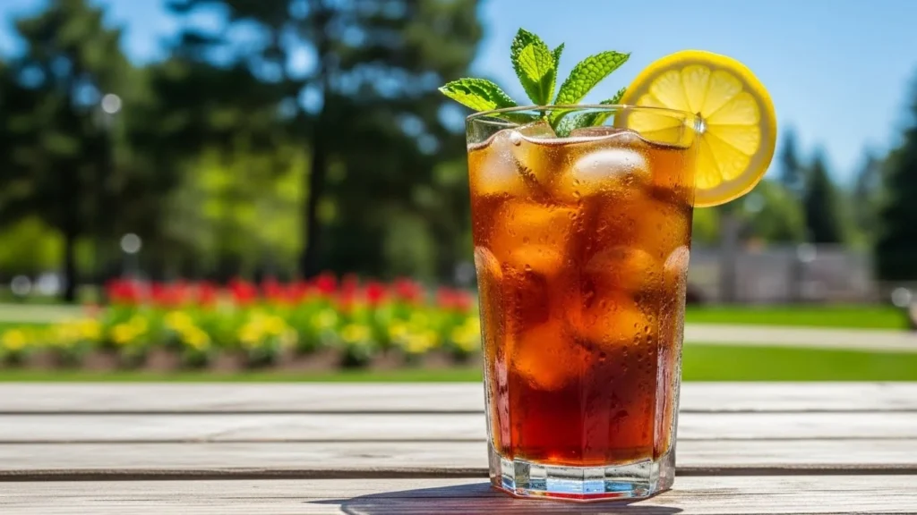 A refreshing glass of cold brew coffee with ice and garnishes.