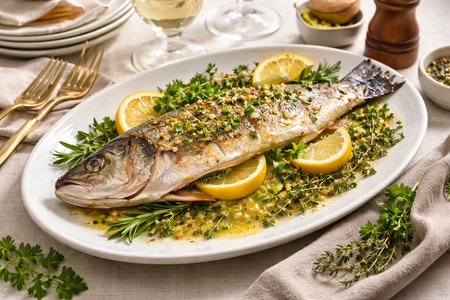 A whole branzino fish served on a platter with herbs and lemon.