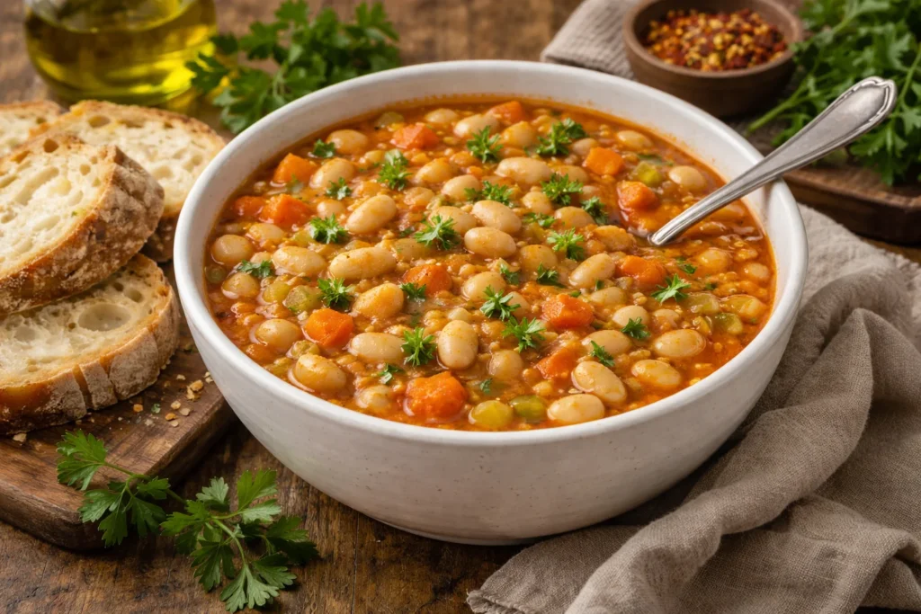 A bowl of white bean stew garnished with parsley and served with bread.