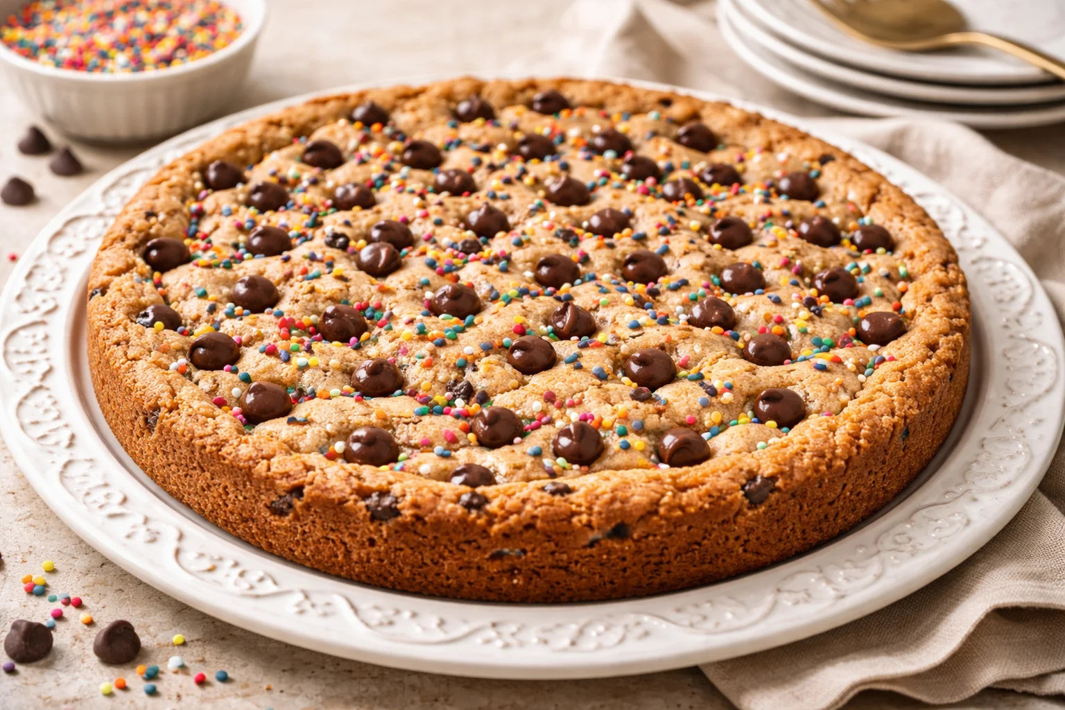 Delicious cookie cake topped with chocolate chips and sprinkles.