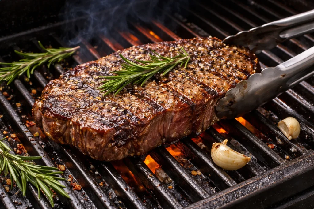 A beautifully seared chuck eye steak on a grill, surrounded by fresh herbs and spices.