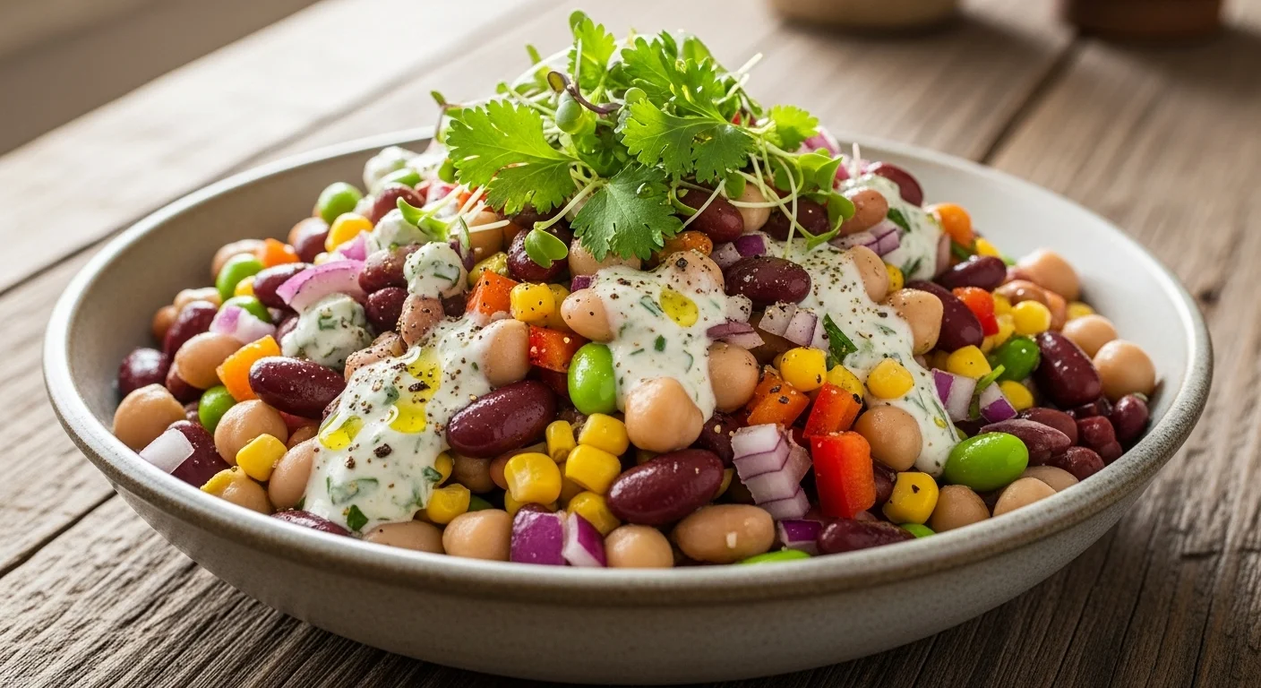 A bowl of finished Dense Bean Salad garnished with herbs.