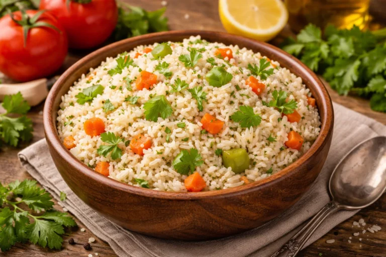A bowl of fluffy long grain rice garnished with fresh herbs and vegetables.