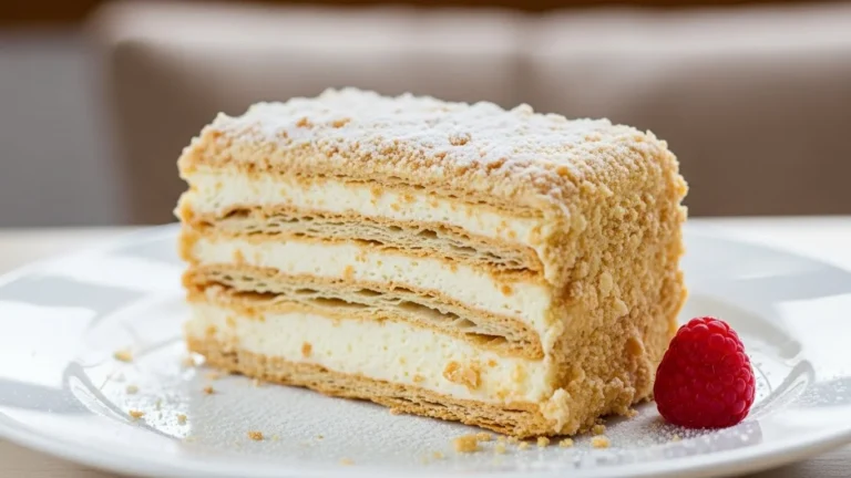 A beautifully plated Napoleon cake with layers of pastry and cream.
