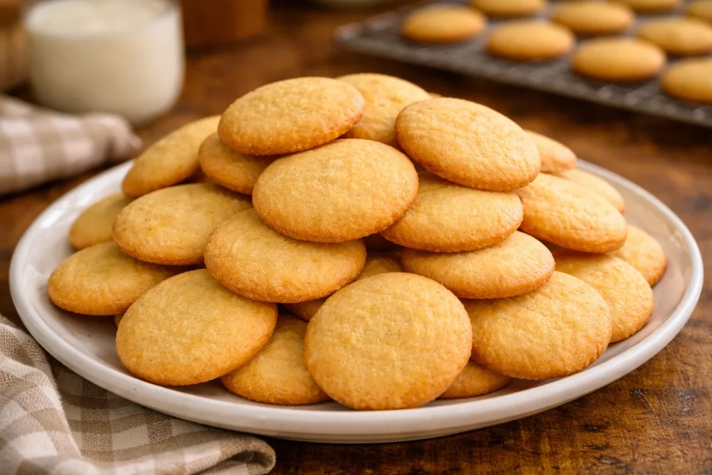 Freshly baked vanilla wafers stacked on a plate.
