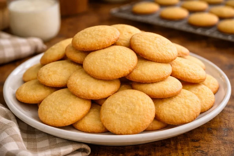 Freshly baked vanilla wafers stacked on a plate.