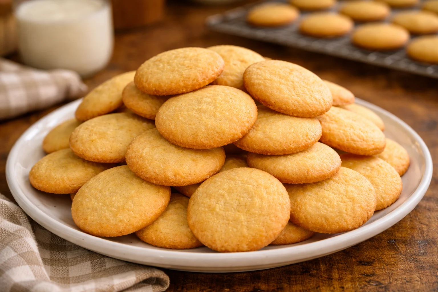 Freshly baked vanilla wafers stacked on a plate.