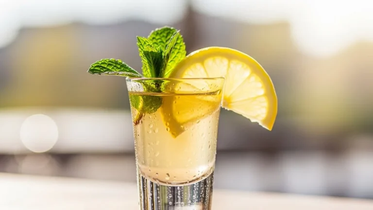 A beautifully presented White Tea Shot in a shot glass, garnished with lemon and mint.