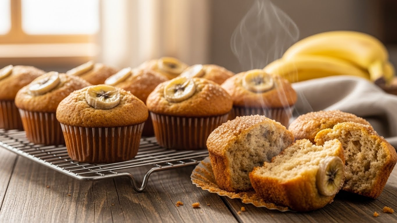 Freshly baked banana bread muffins cooling on a rack.