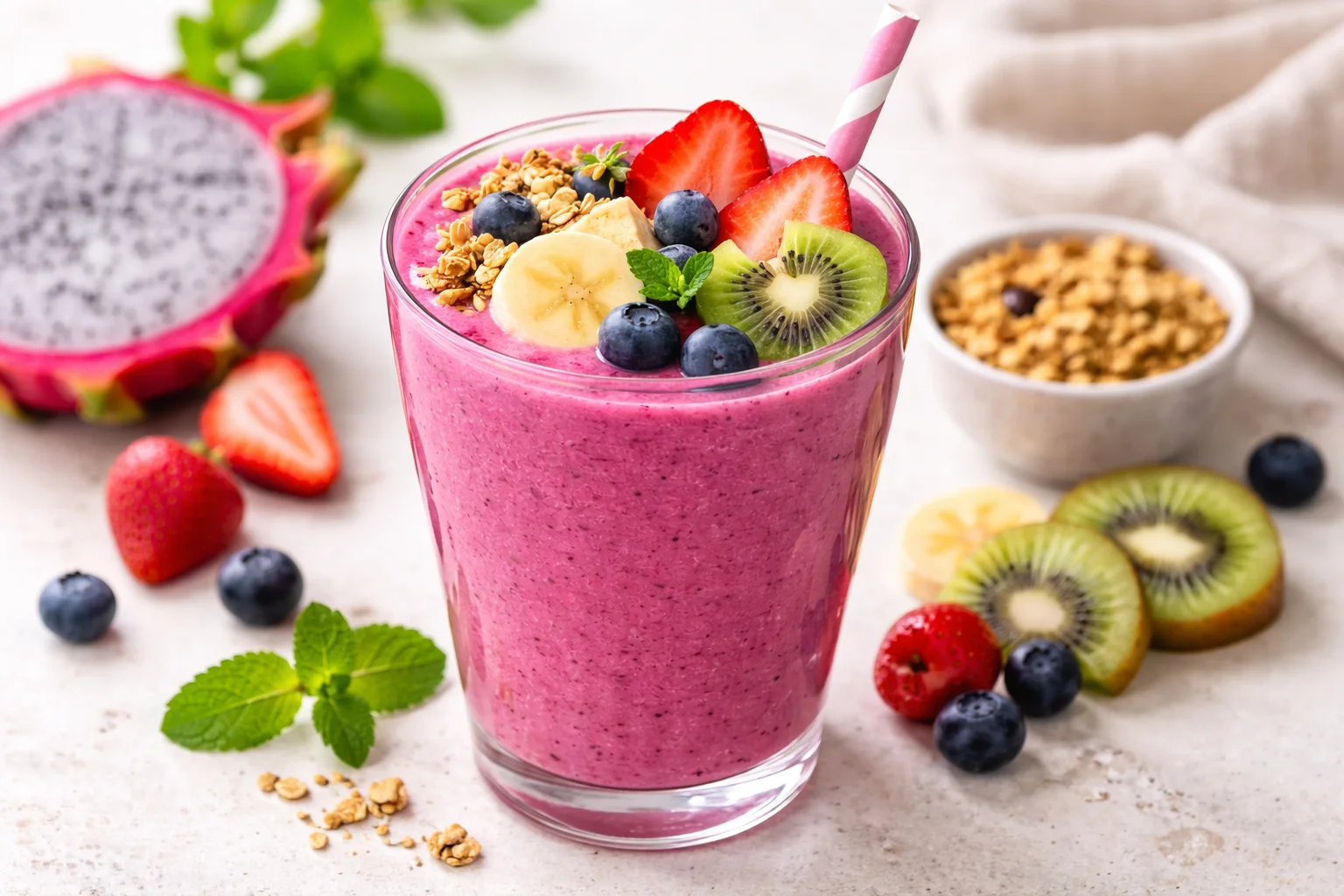 A beautifully presented Dragon Fruit Smoothie in a glass with garnishes.