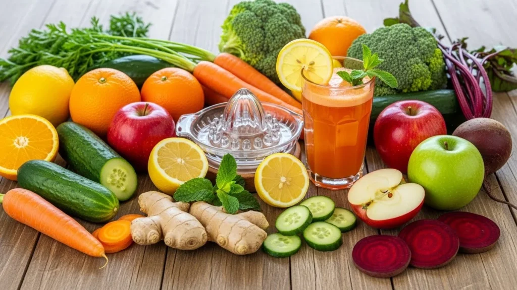 A colorful array of fresh ingredients for making juice without a blender.