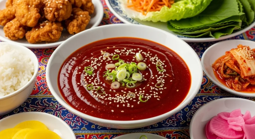 A bowl of gochujang sauce garnished with sesame seeds and green onions.