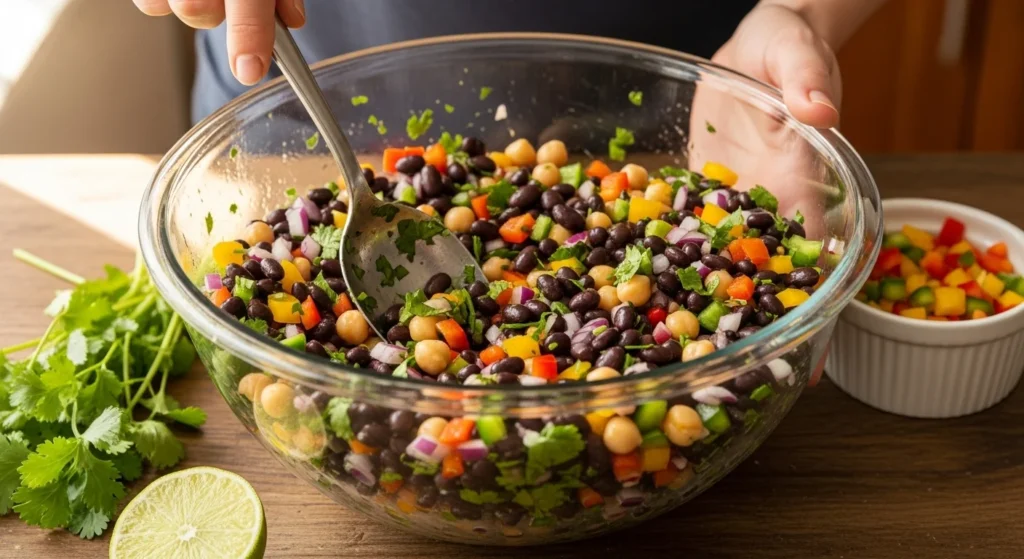 A colorful Dense Bean Salad being mixed in a large bowl with various ingredients visible.