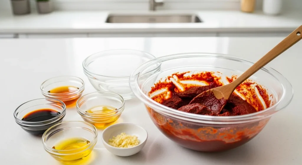 A step-by-step guide to making gochujang sauce with ingredients displayed.