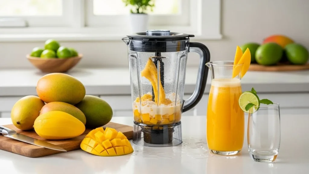 Step-by-step process of making mango juice with fresh ingredients.