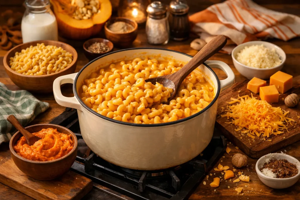 A pot of creamy Pumpkin Mac and Cheese on the stove with ingredients around.