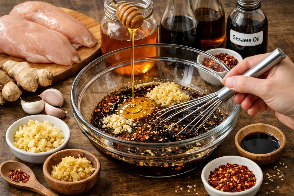Ingredients and steps for making Sweet and Spicy Chicken, including chicken breasts and marinade ingredients.