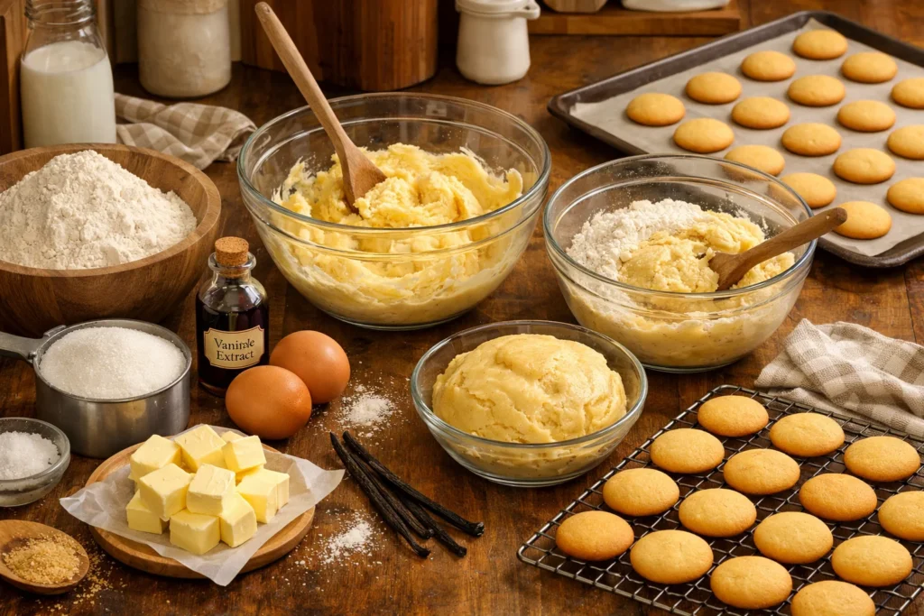 Step-by-step process of making vanilla wafers with ingredients displayed.