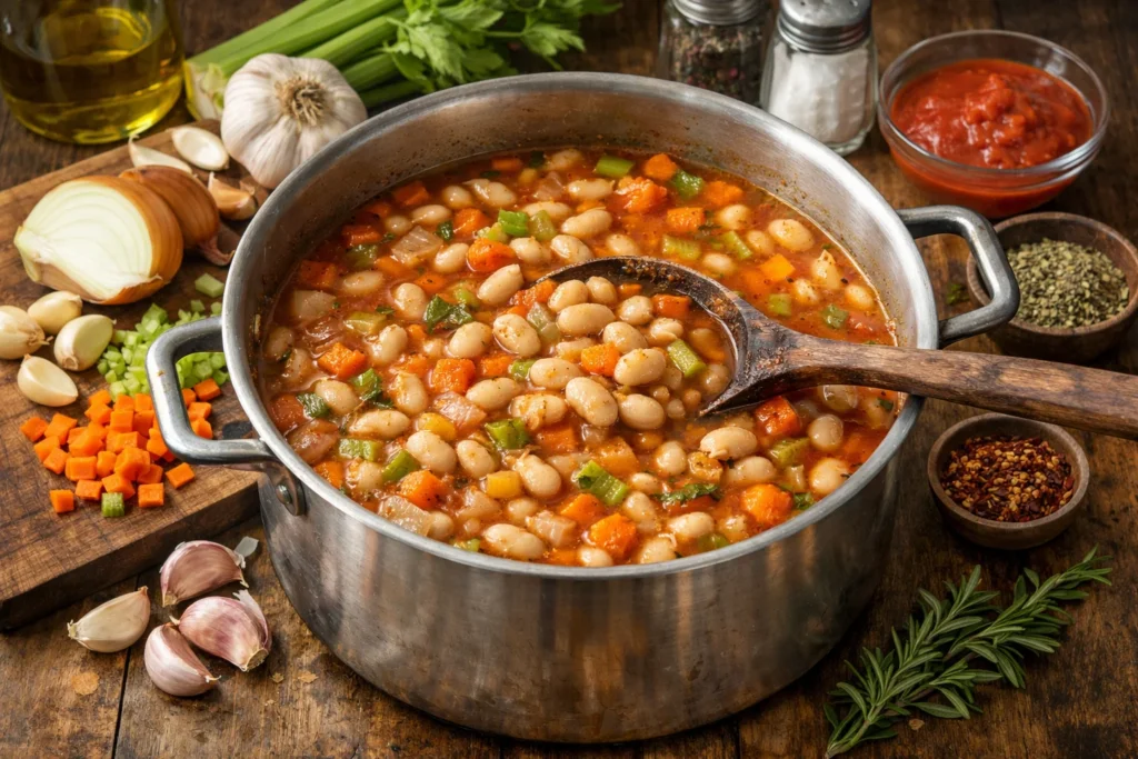 A pot of white bean stew with fresh vegetables and herbs being prepared on a stove.