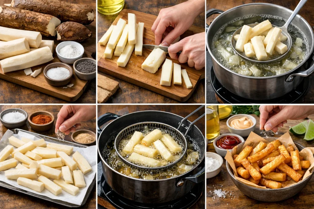 Step-by-step process of making yuca fries, showcasing ingredients and preparation steps.