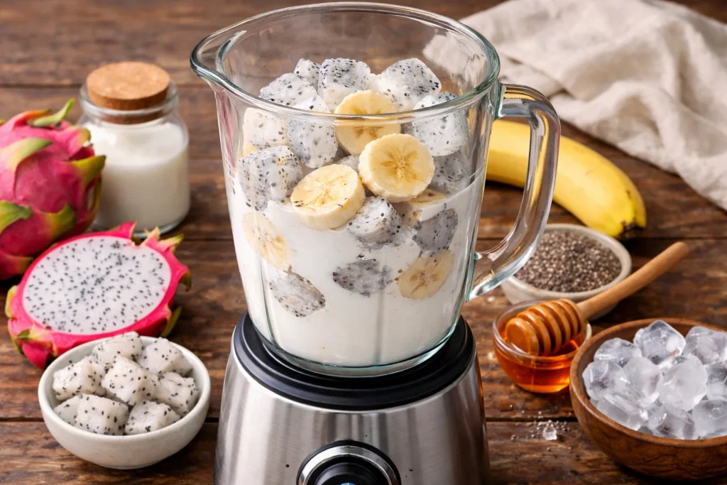 A vibrant Dragon Fruit Smoothie being prepared with fresh ingredients.