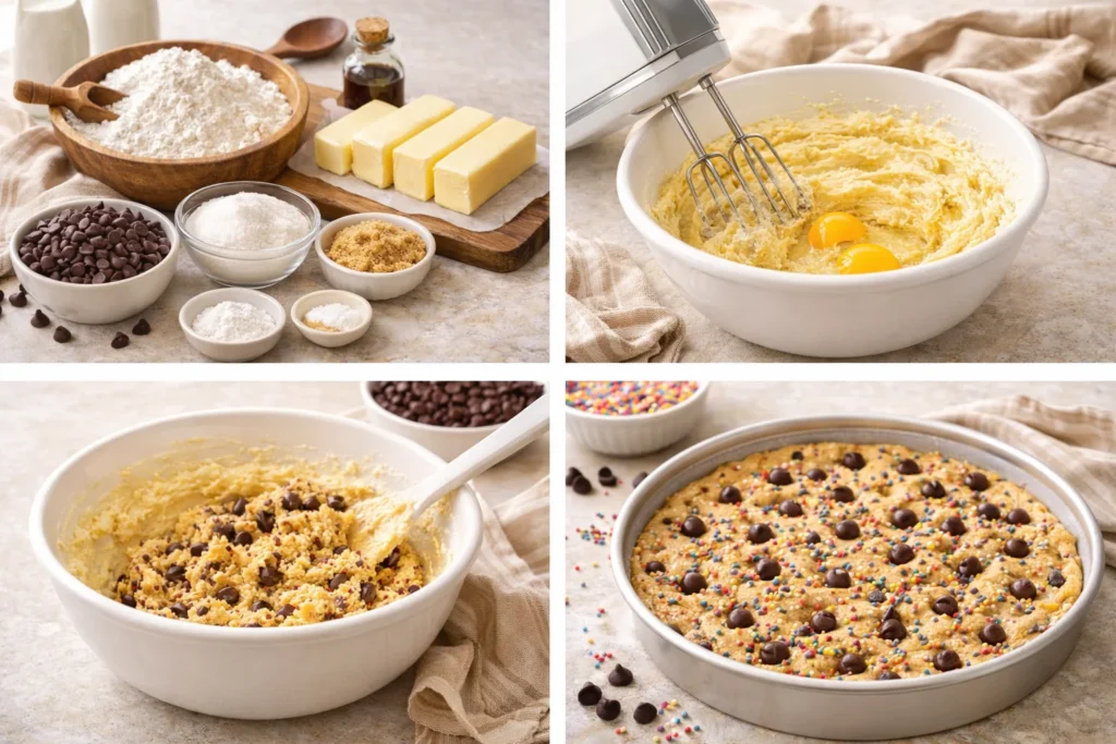 Step-by-step process of making a cookie cake with ingredients displayed.