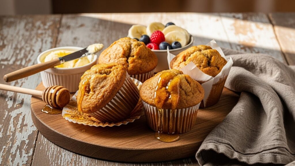 Banana bread muffins served with butter and honey.