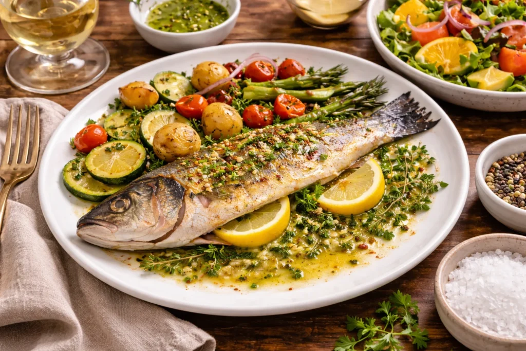 Plated branzino fish dish with seasonal vegetables and citrus salad.