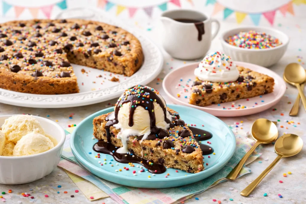 Different serving suggestions for cookie cake.