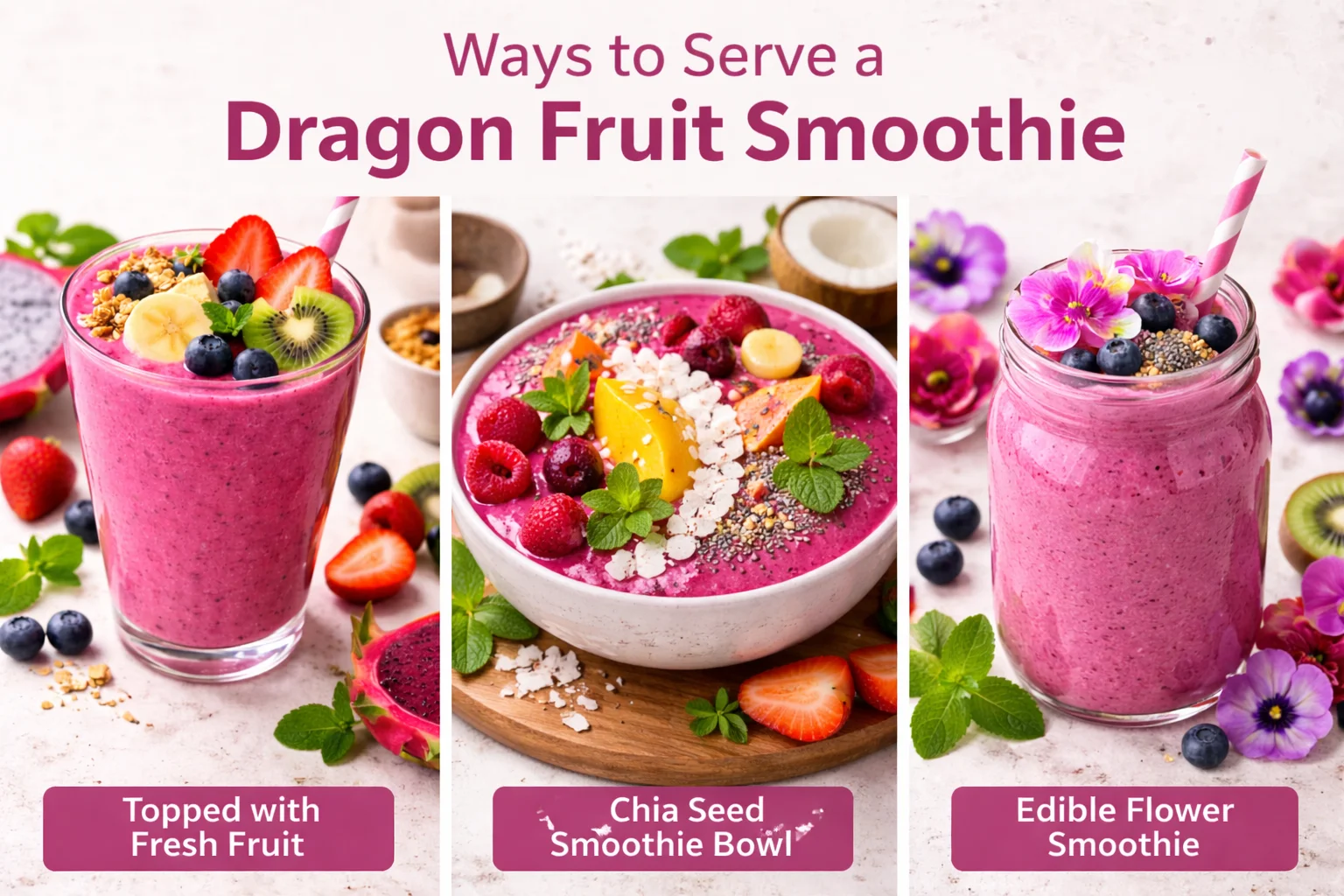 Various serving suggestions for Dragon Fruit Smoothie.