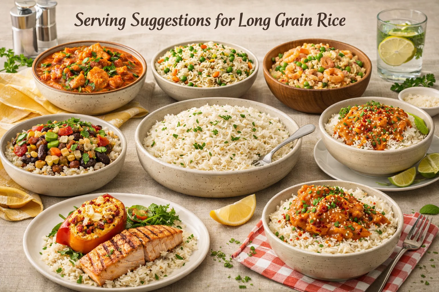 Different serving ideas for long grain rice displayed on a dining table.