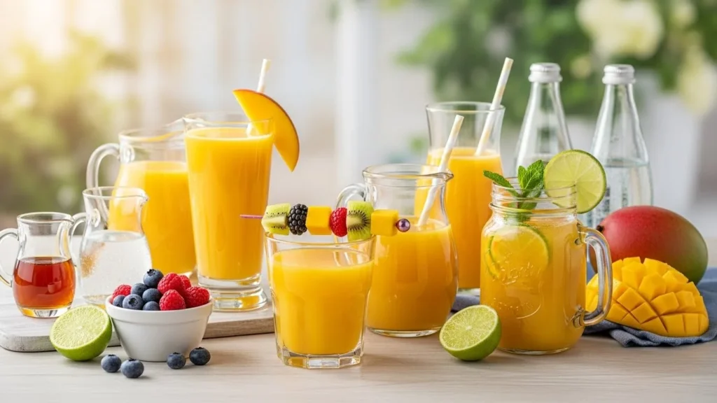 Different ways to serve mango juice with garnishes.