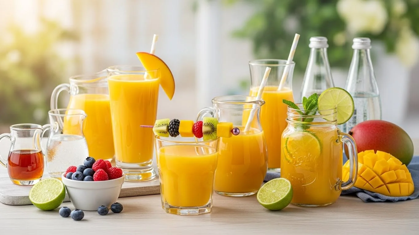 Different ways to serve mango juice with garnishes.