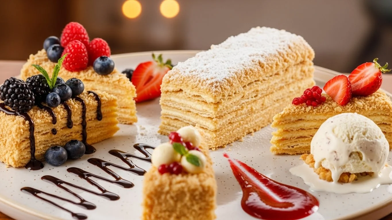 Serving suggestions for Napoleon cake with berries and sauces.