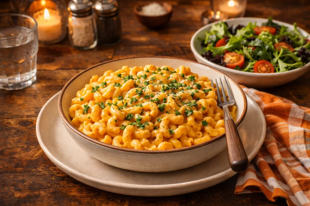 A beautifully plated serving of Pumpkin Mac and Cheese with a side salad.