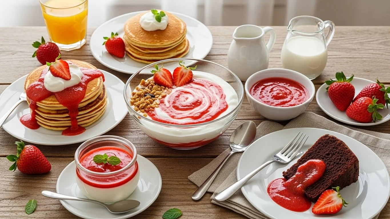 Different serving suggestions for strawberry puree, including yogurt and pancakes.