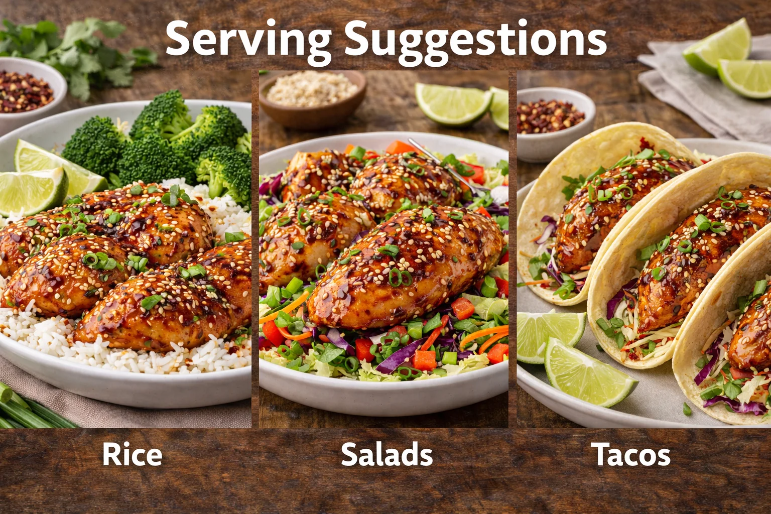 Different serving ideas for Sweet and Spicy Chicken, including rice and tacos.