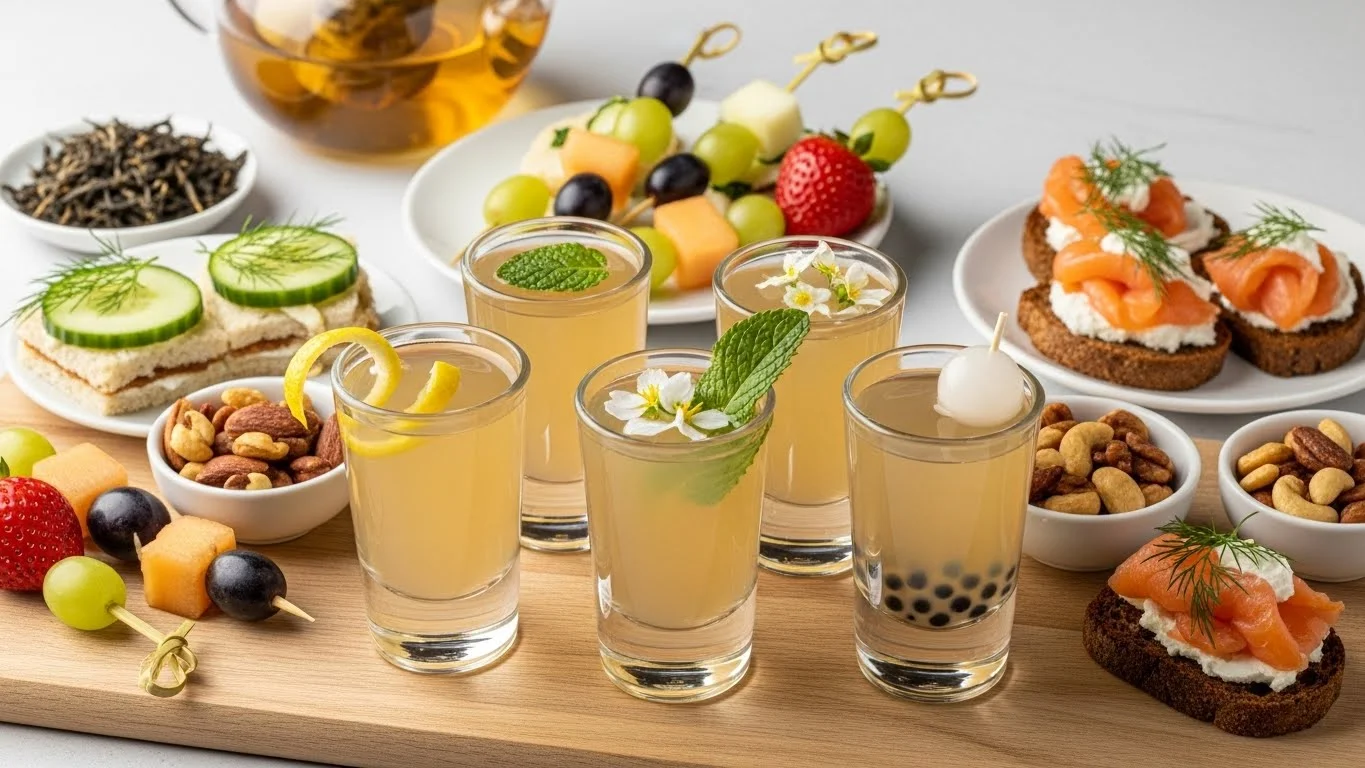 Serving suggestions for White Tea Shot with garnishes and appetizers.