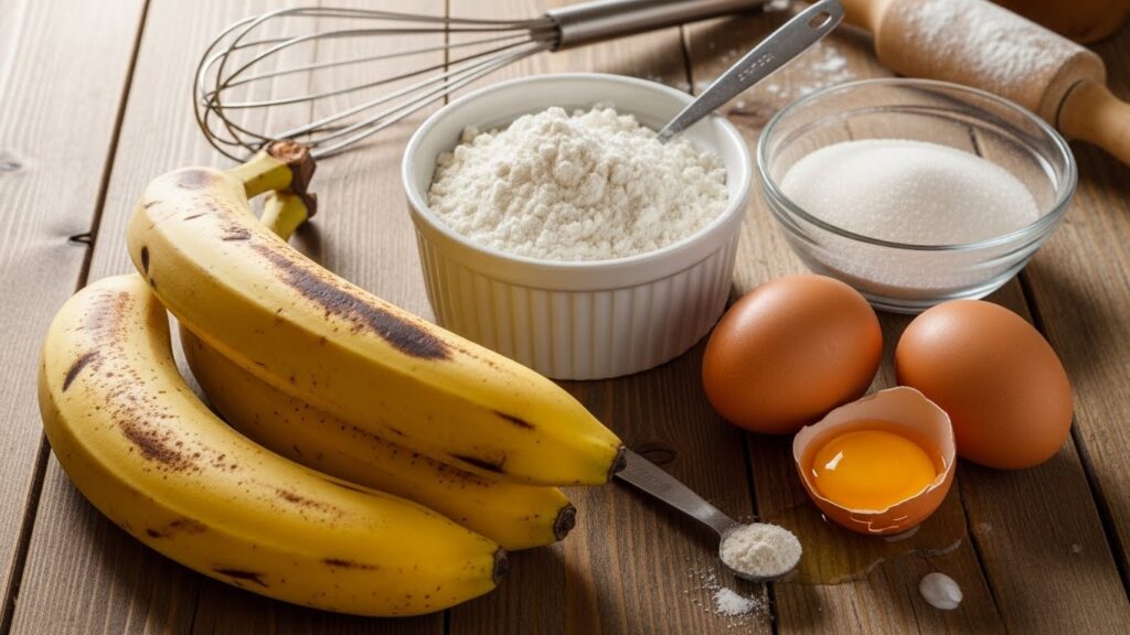 Ingredients for banana bread muffins displayed on a wooden table.