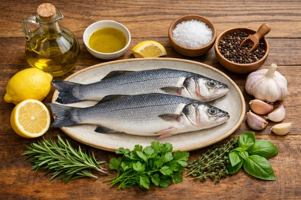 Ingredients for branzino fish recipe displayed on a wooden countertop.