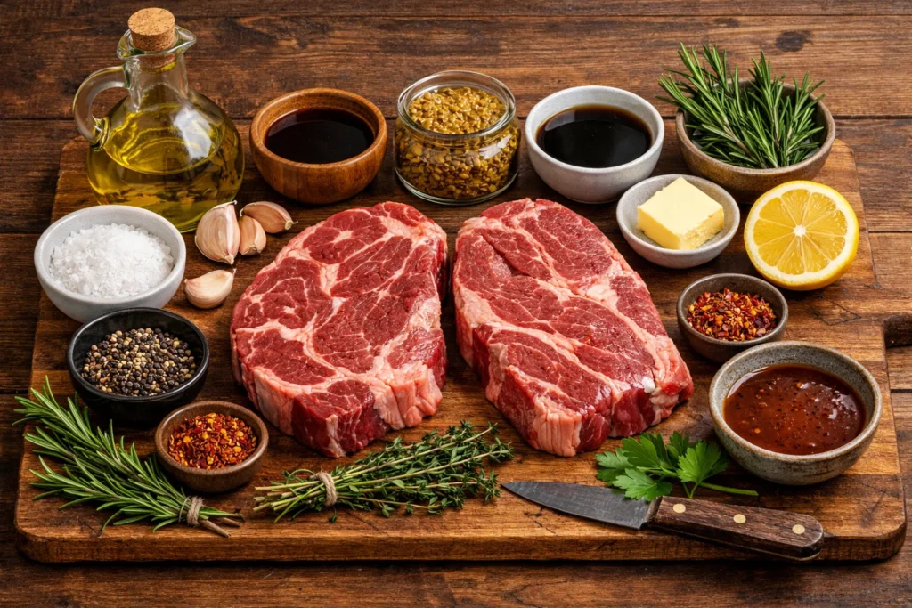 Ingredients for chuck eye steak including olive oil, garlic powder, and fresh herbs on a cutting board.