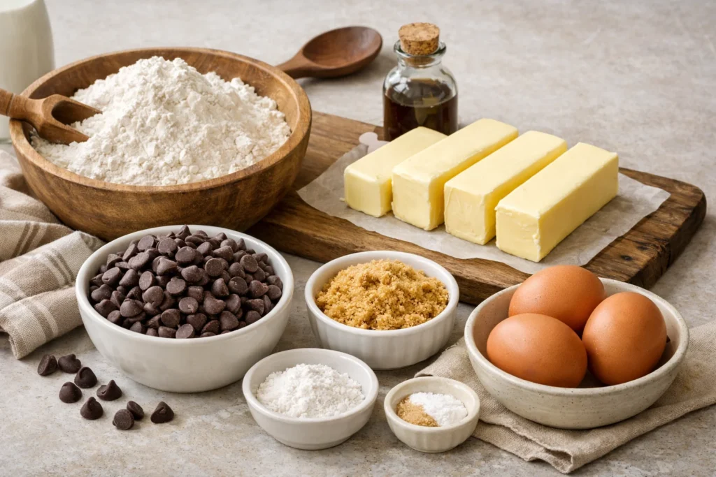 Ingredients for cookie cake displayed on a kitchen counter.