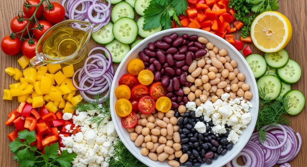 Ingredients for Dense Bean Salad displayed on a wooden cutting board.