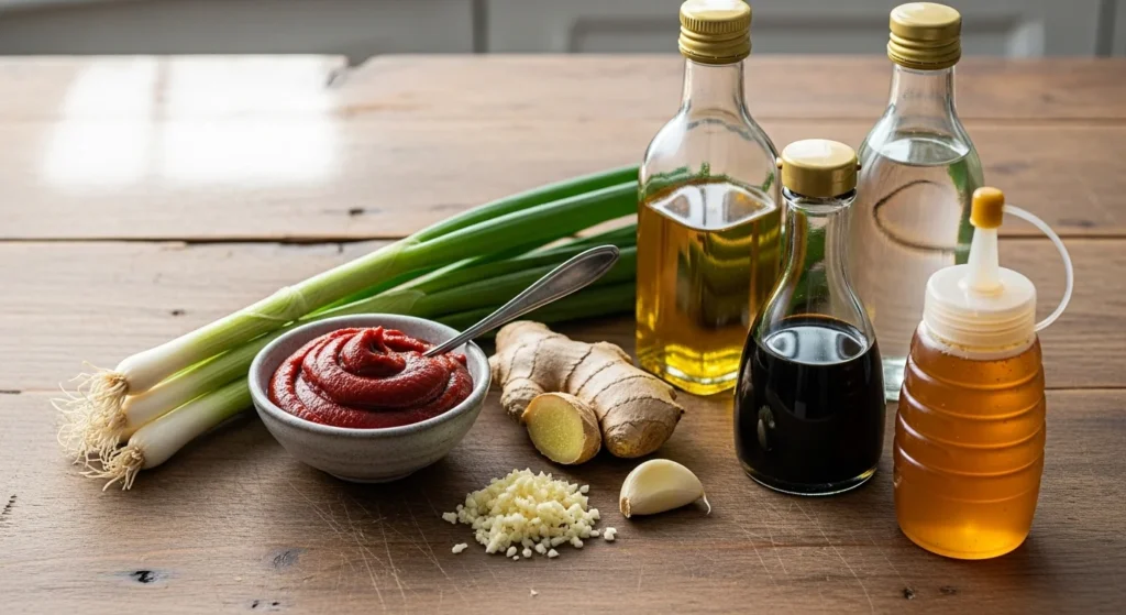 Ingredients for gochujang sauce displayed on a wooden countertop.
