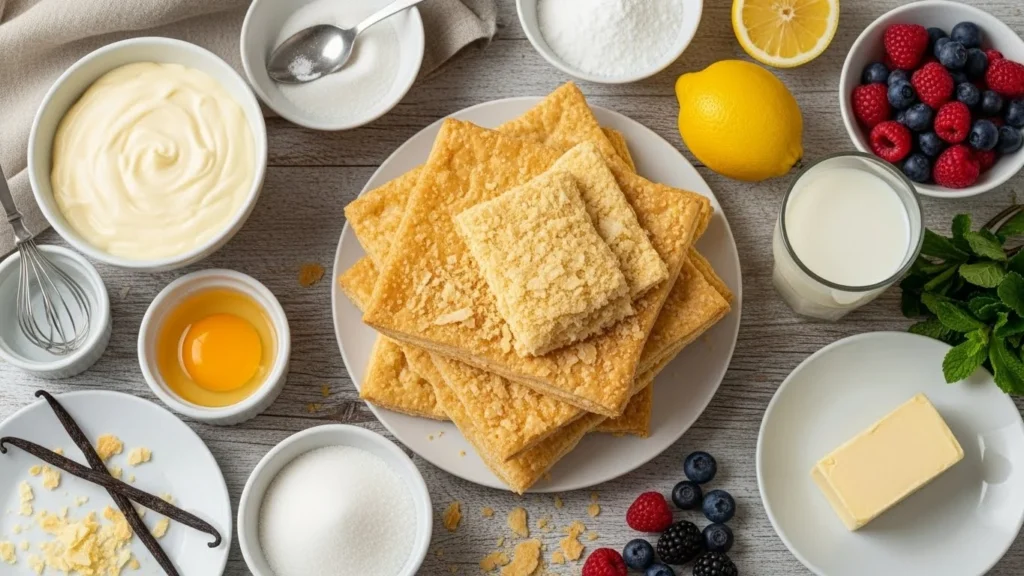 Ingredients for Napoleon cake including puff pastry, pastry cream, and sugar.