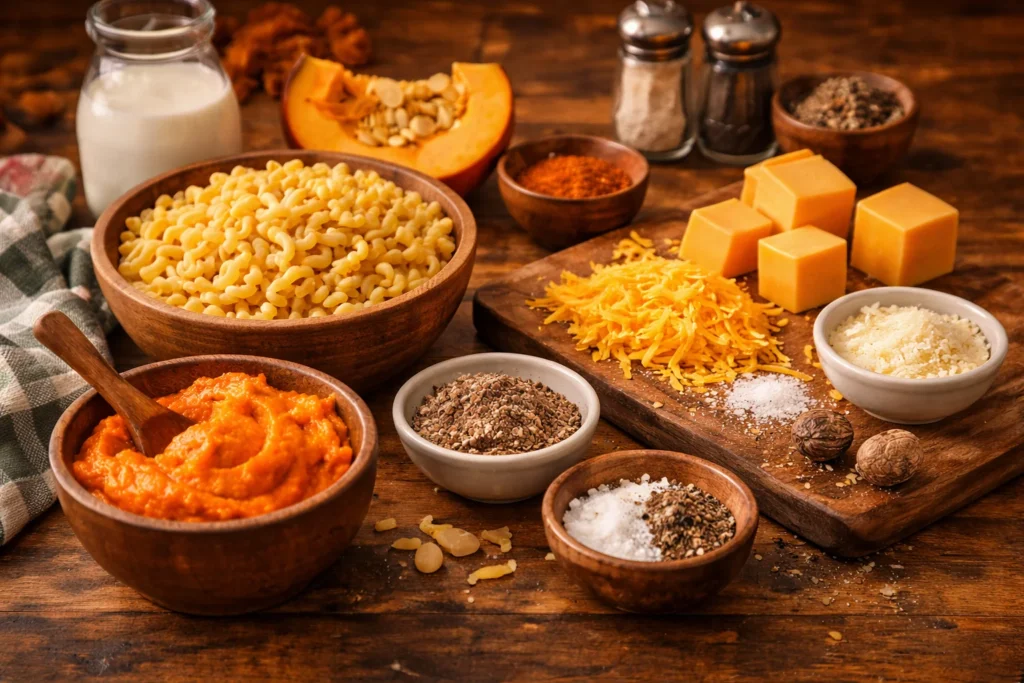 Ingredients for Pumpkin Mac and Cheese displayed on a wooden countertop.
