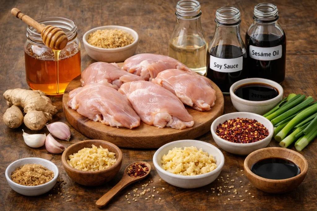 Ingredients for Sweet and Spicy Chicken displayed on a wooden cutting board.