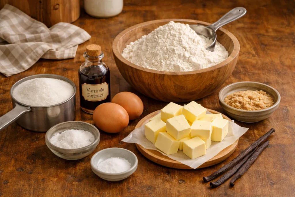 Ingredients for vanilla wafers including flour, sugar, and butter.