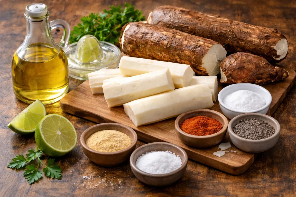 Ingredients for yuca fries displayed aesthetically, including fresh yuca and seasonings.