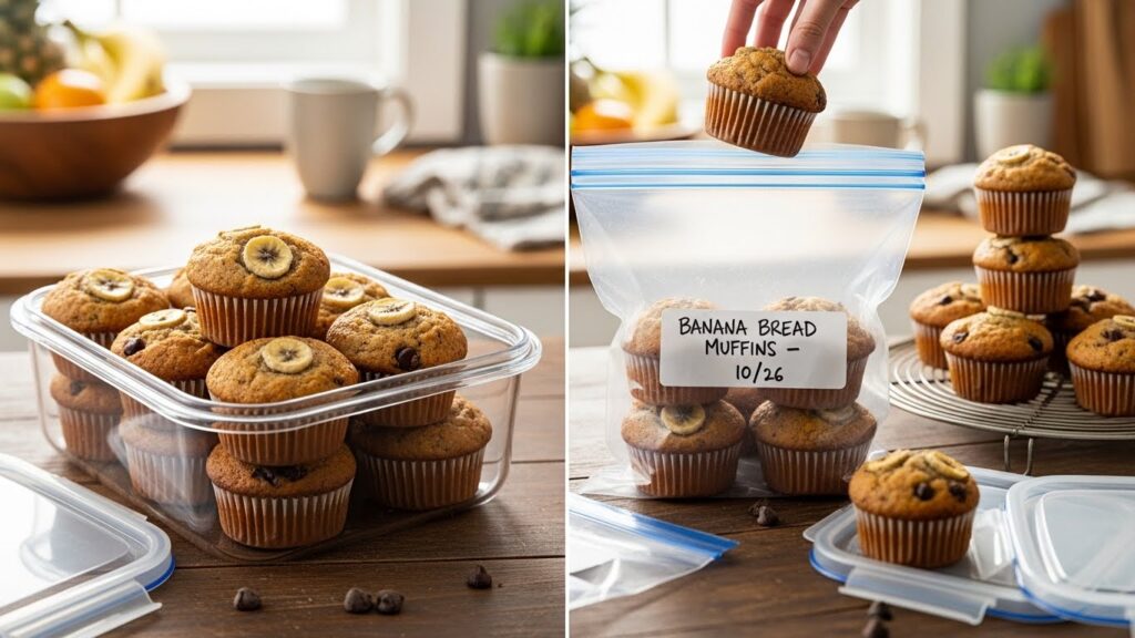 Storage methods for banana bread muffins displayed with containers.